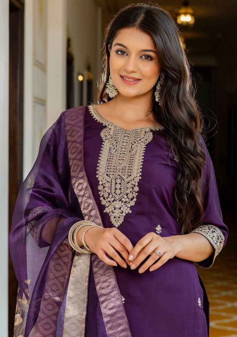 Purple Embroidered Silk Kurta Set - Indya