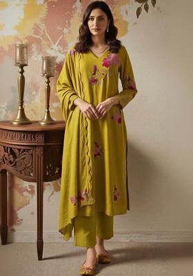 Lime Green Embroidered Silk Kurta Set