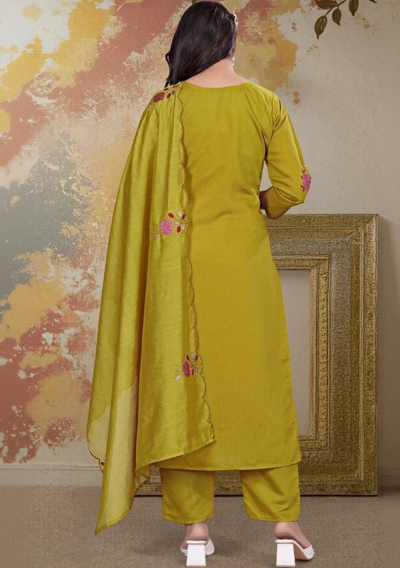 Lime Green Embroidered Silk Kurta Set - Indya