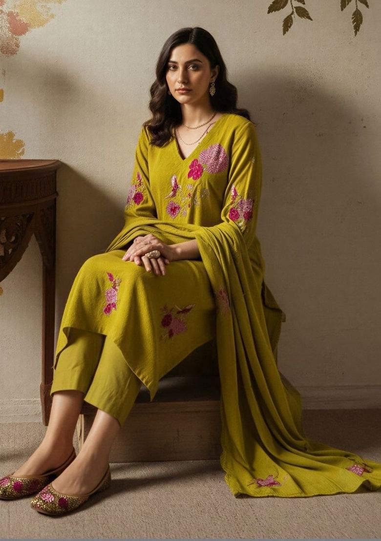 Lime Green Embroidered Silk Kurta Set - Indya
