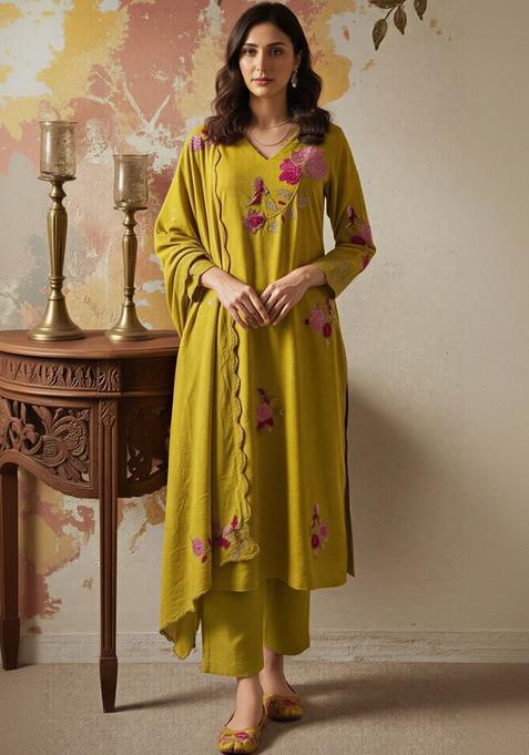 Lime Green Embroidered Silk Kurta Set — view on Indya