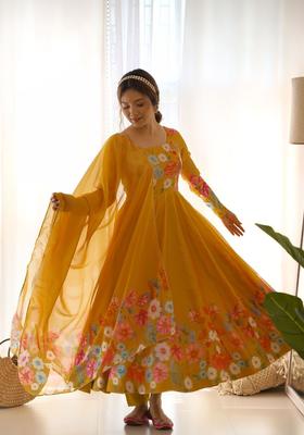 Yellow Printed Organza Kurta Set