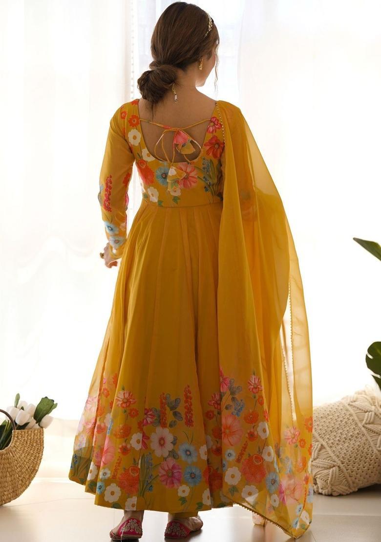 Yellow Printed Organza Kurta Set - Indya