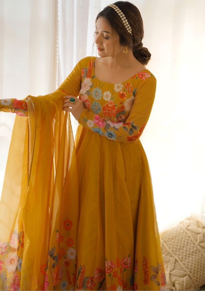 Yellow Printed Organza Kurta Set - Indya