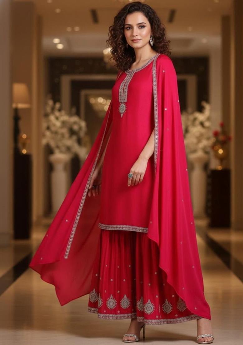 Pink Embroidered Silk Kurta Set - Indya