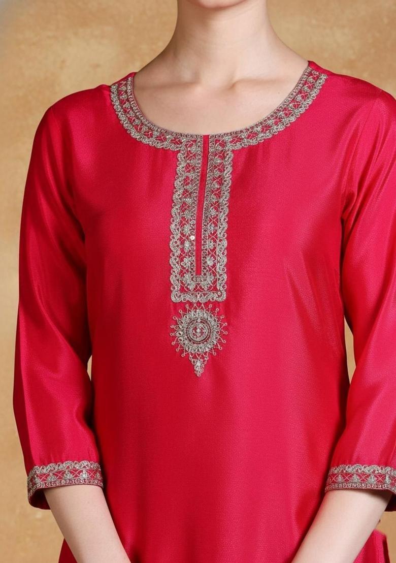 Pink Embroidered Silk Kurta Set - Indya