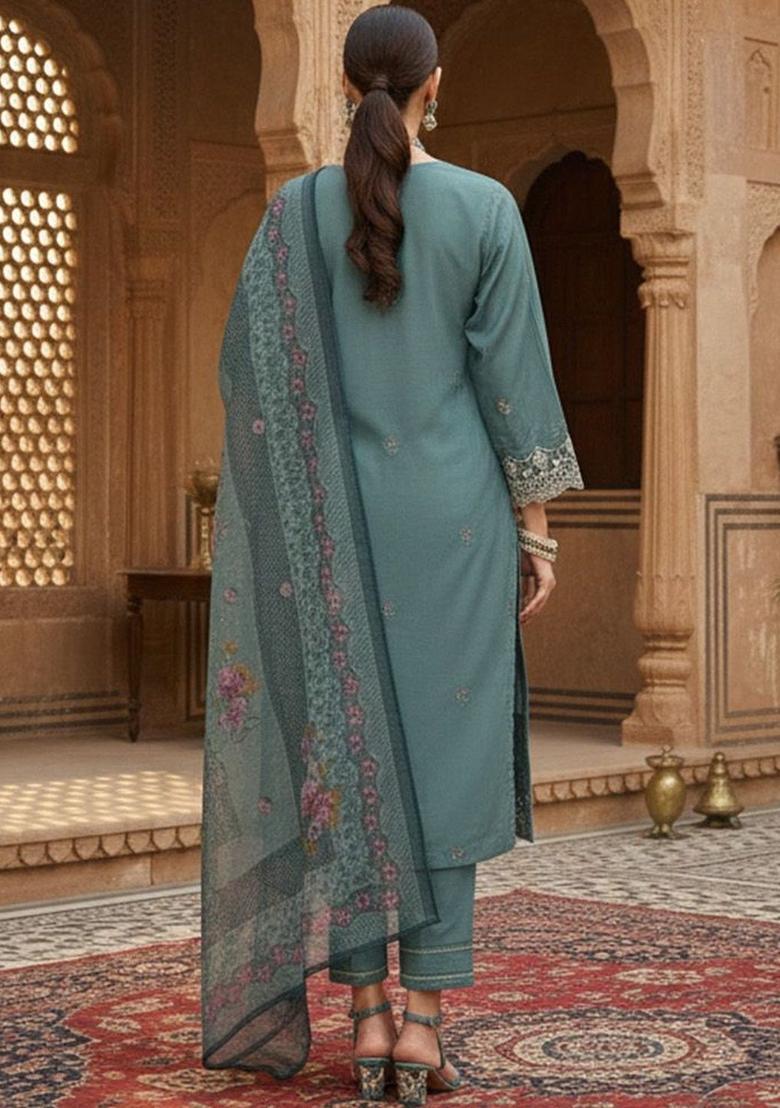 Teal Embroidered Cotton Kurta Set - Indya