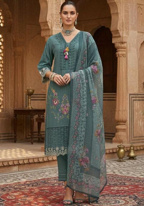 Teal Embroidered Cotton Kurta Set — view on Indya