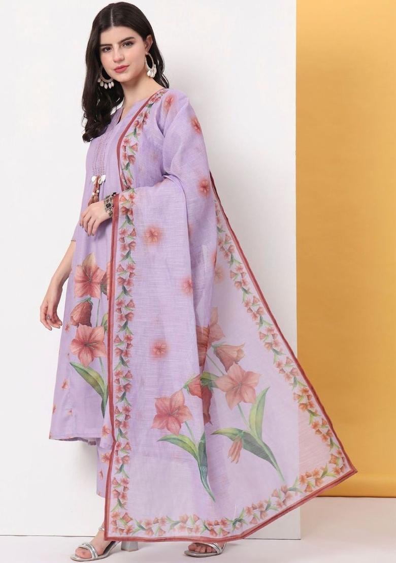 Lavender Printed Linen Kurta Set - Indya
