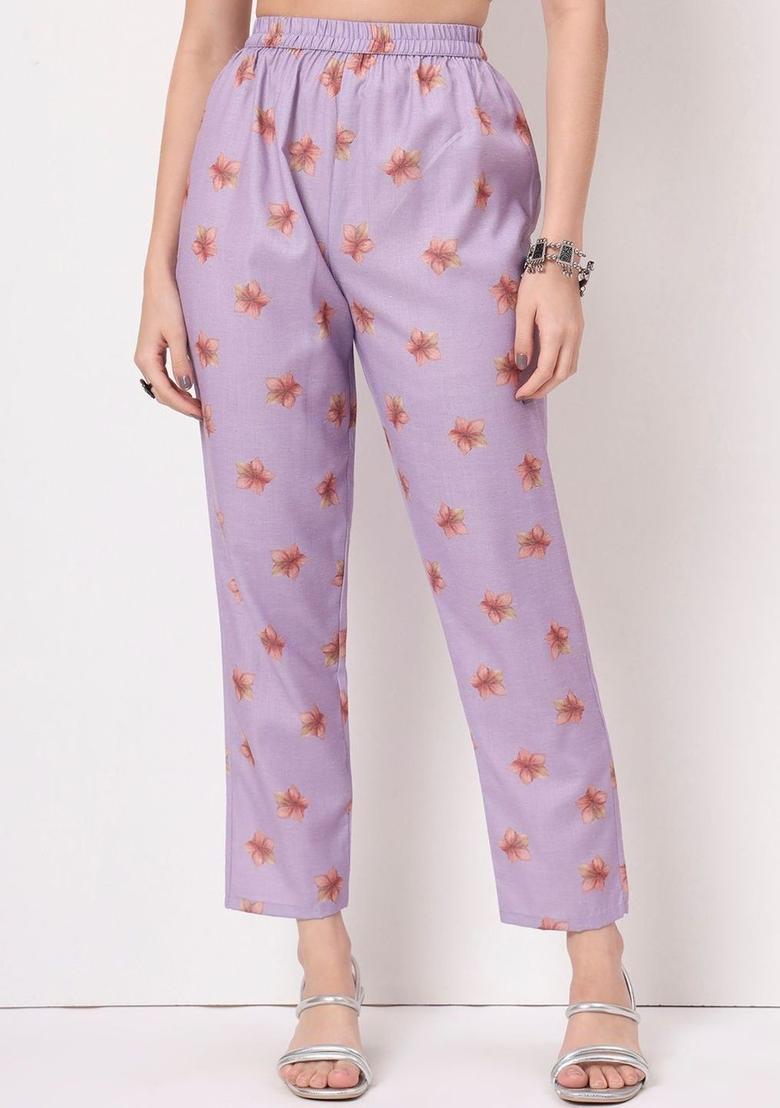 Lavender Printed Linen Kurta Set - Indya
