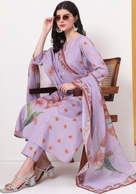 Lavender Printed Linen Kurta Set — view on Indya