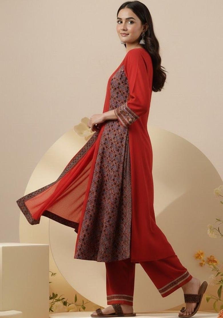Red Printed Cotton Kurta Set - Indya