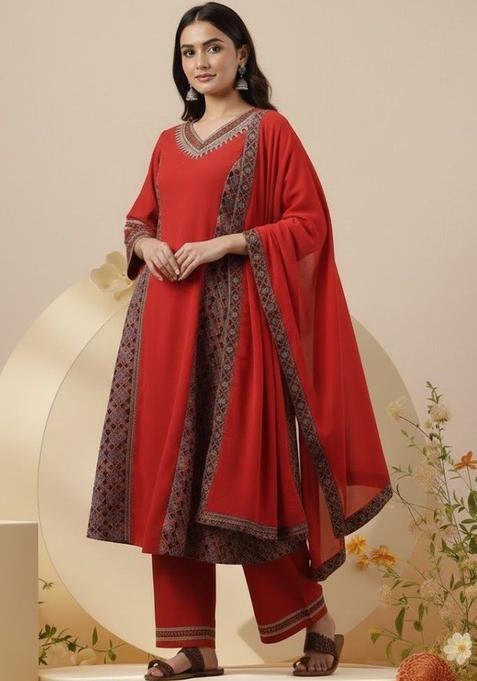 Red Printed Cotton Kurta Set — view on Indya