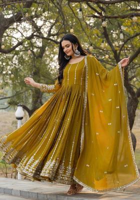 Olive Embroidered Georgette Kurta Set