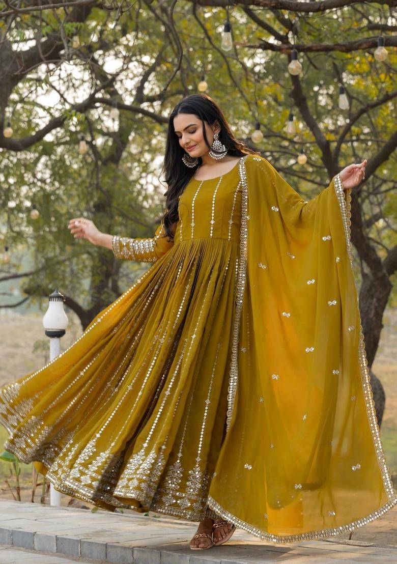 Olive Embroidered Georgette Kurta Set - Indya