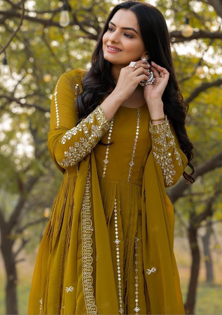Olive Embroidered Georgette Kurta Set - Indya