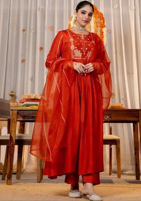 Orange Embroidered Silk Kurta Set