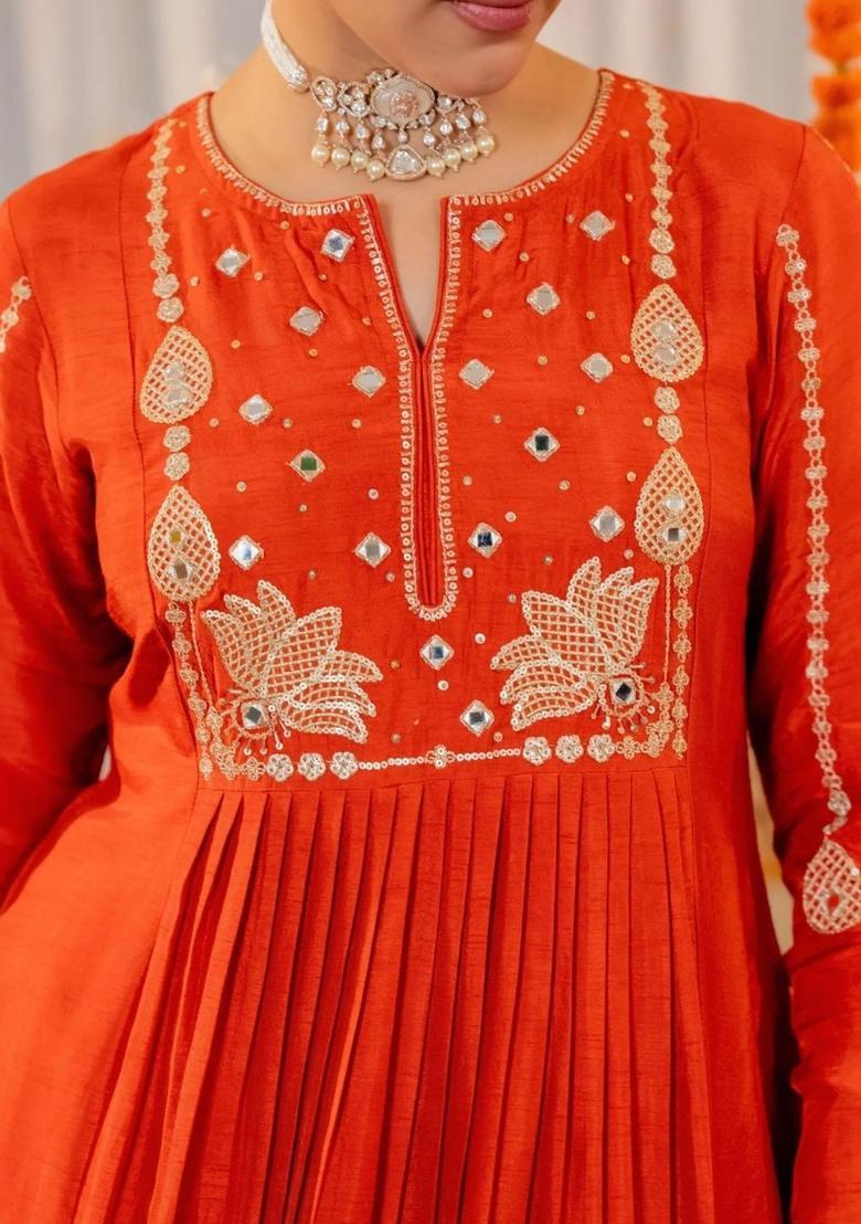 Orange Embroidered Silk Kurta Set - Indya
