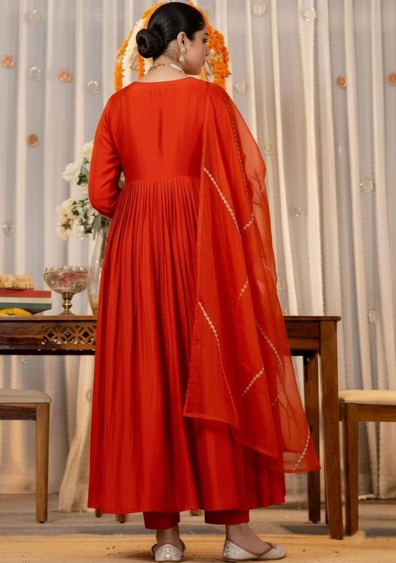 Orange Embroidered Silk Kurta Set - Indya