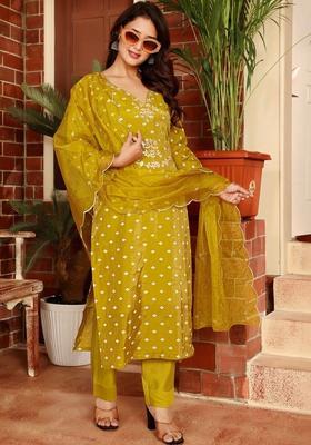 Lime Green Printed Cotton Kurta Set