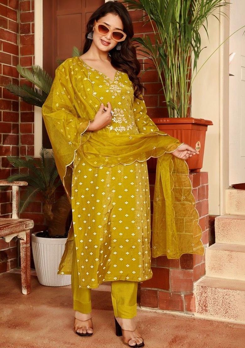 Lime Green Printed Cotton Kurta Set - Indya