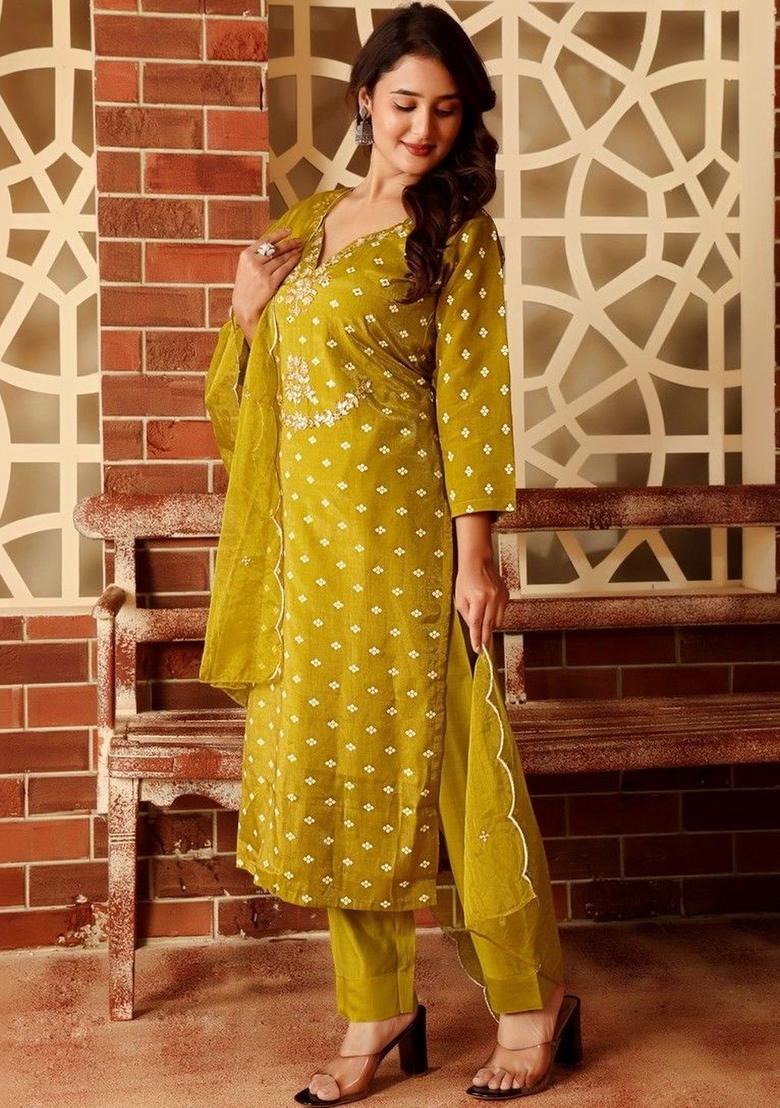 Lime Green Printed Cotton Kurta Set - Indya