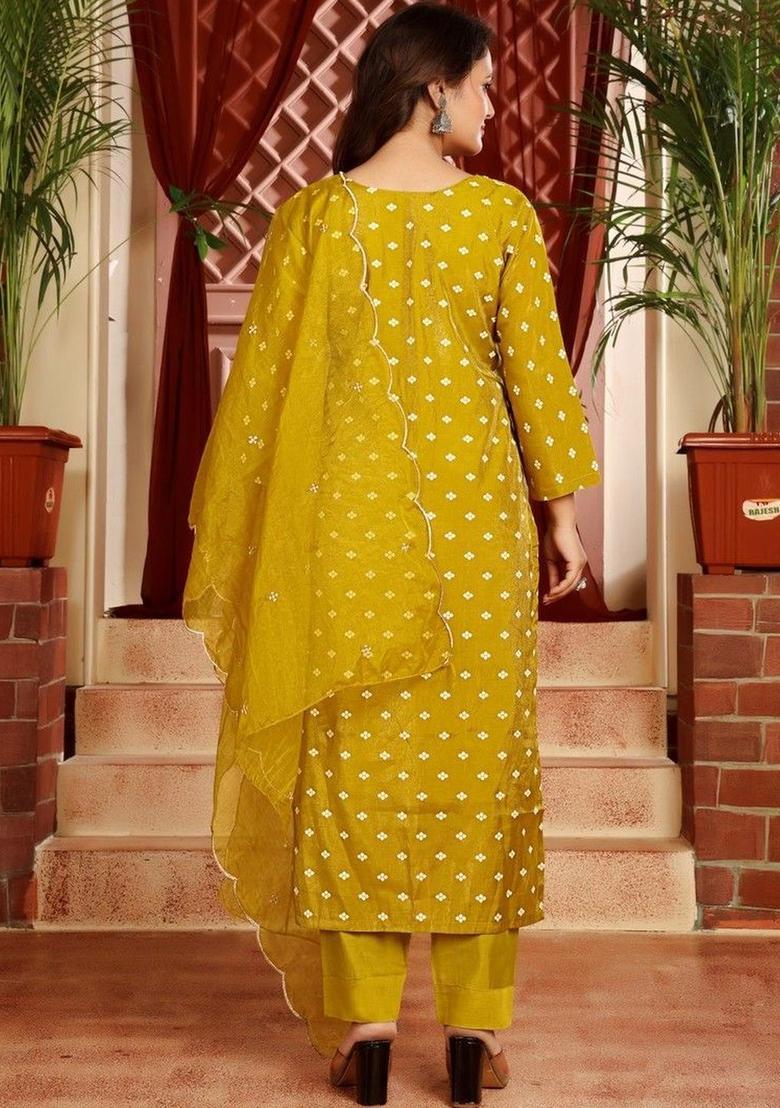Lime Green Printed Cotton Kurta Set - Indya