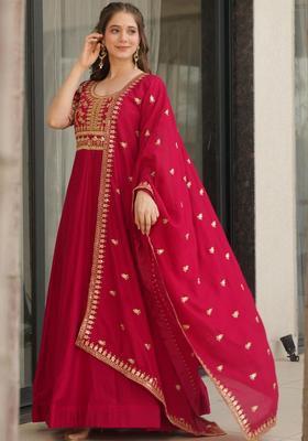 Red Embroidered Georgette Kurta Set