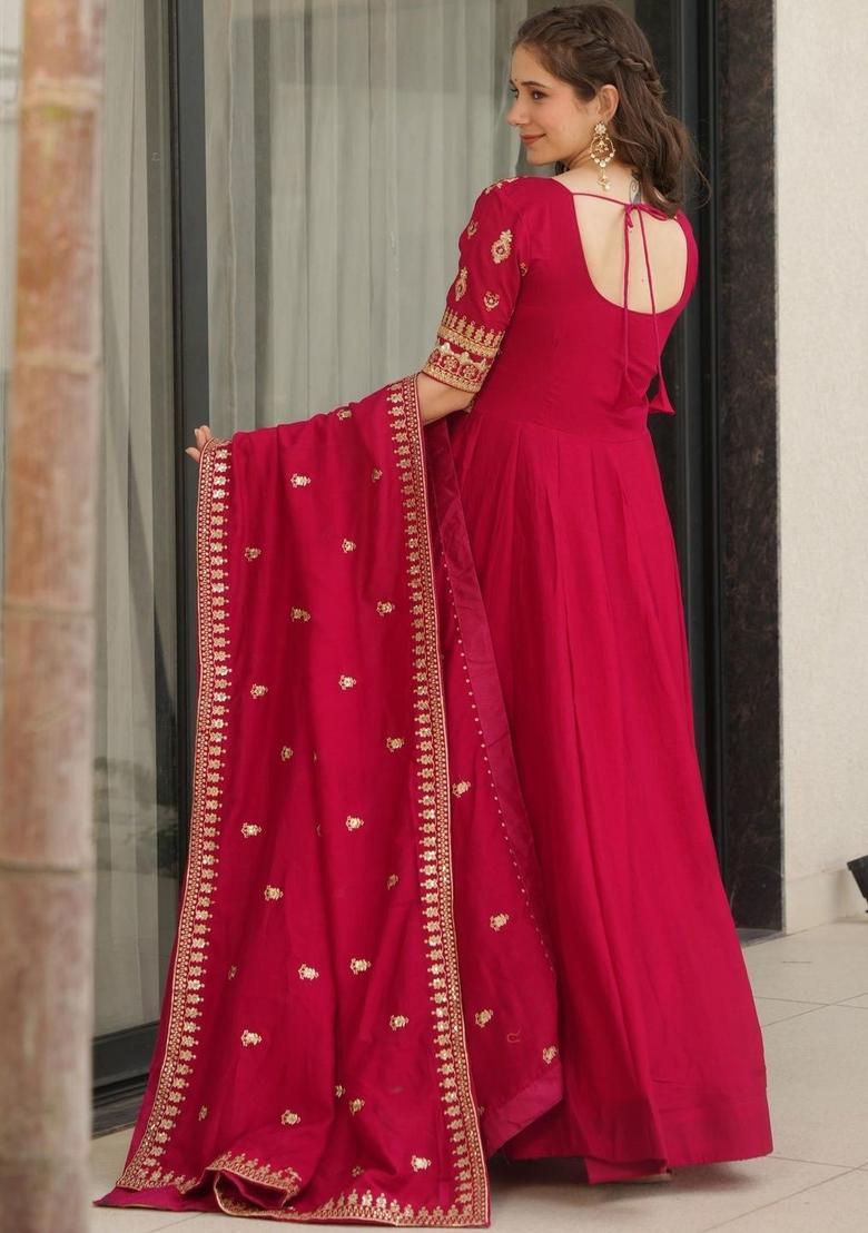 Red Embroidered Georgette Kurta Set - Indya
