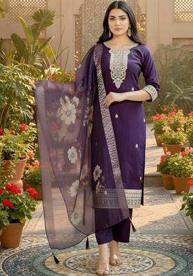 Purple Embroidered Cotton Kurta Set