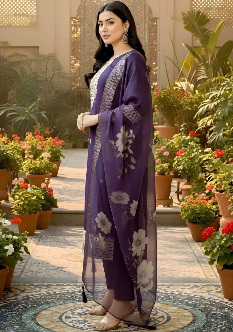 Purple Embroidered Cotton Kurta Set - Indya