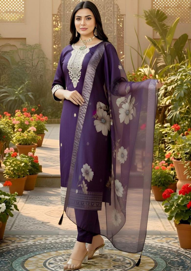 Purple Embroidered Cotton Kurta Set - Indya