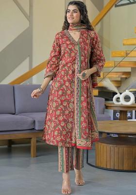 Red Printed Cotton Kurta Set