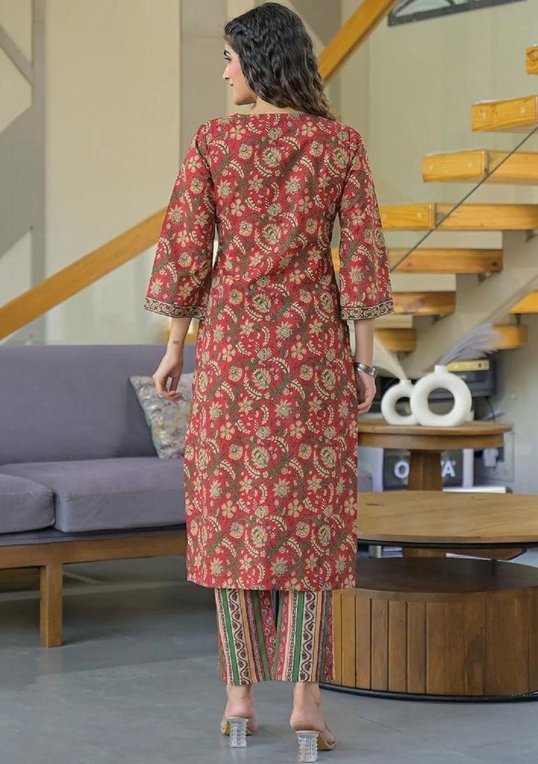 Red Printed Cotton Kurta Set - Indya