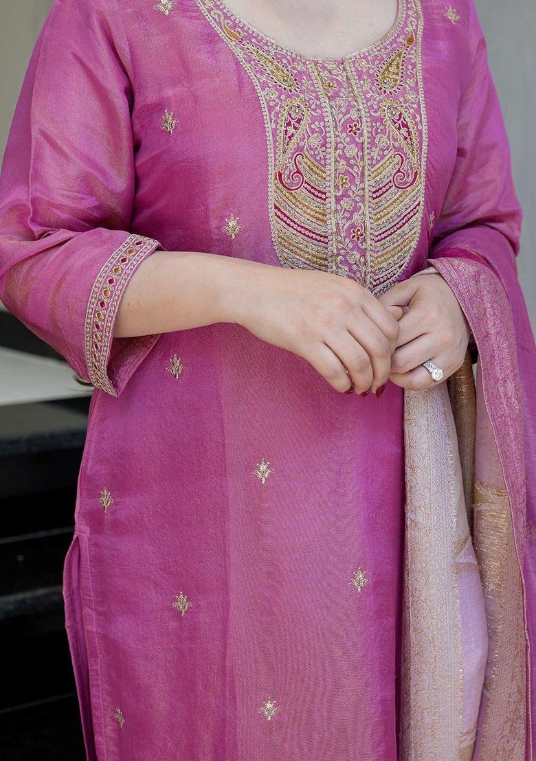 Pink Embroidered Viscose Kurta Set - Indya
