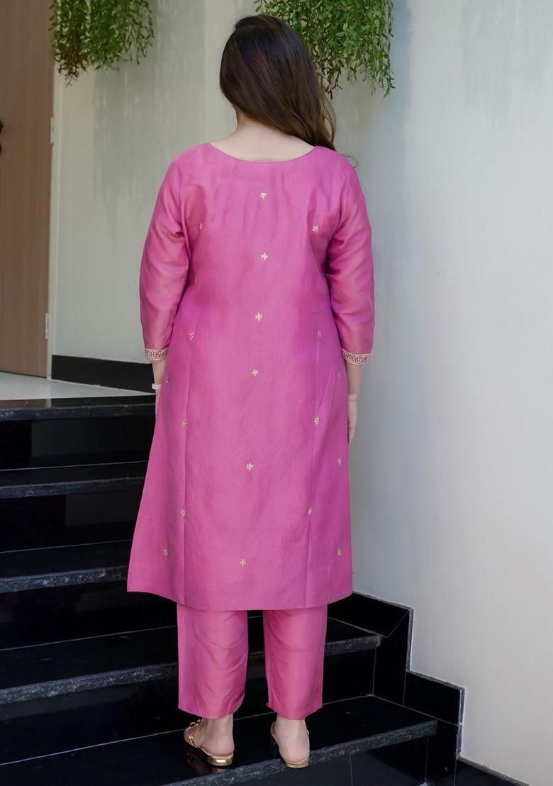 Pink Embroidered Viscose Kurta Set - Indya
