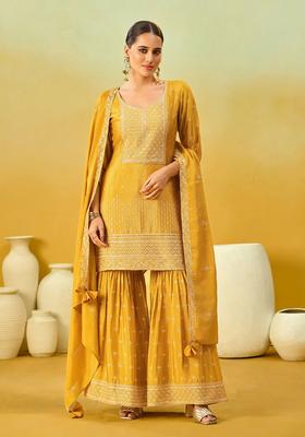 Mustard Embroidered Chiffon Kurta Set
