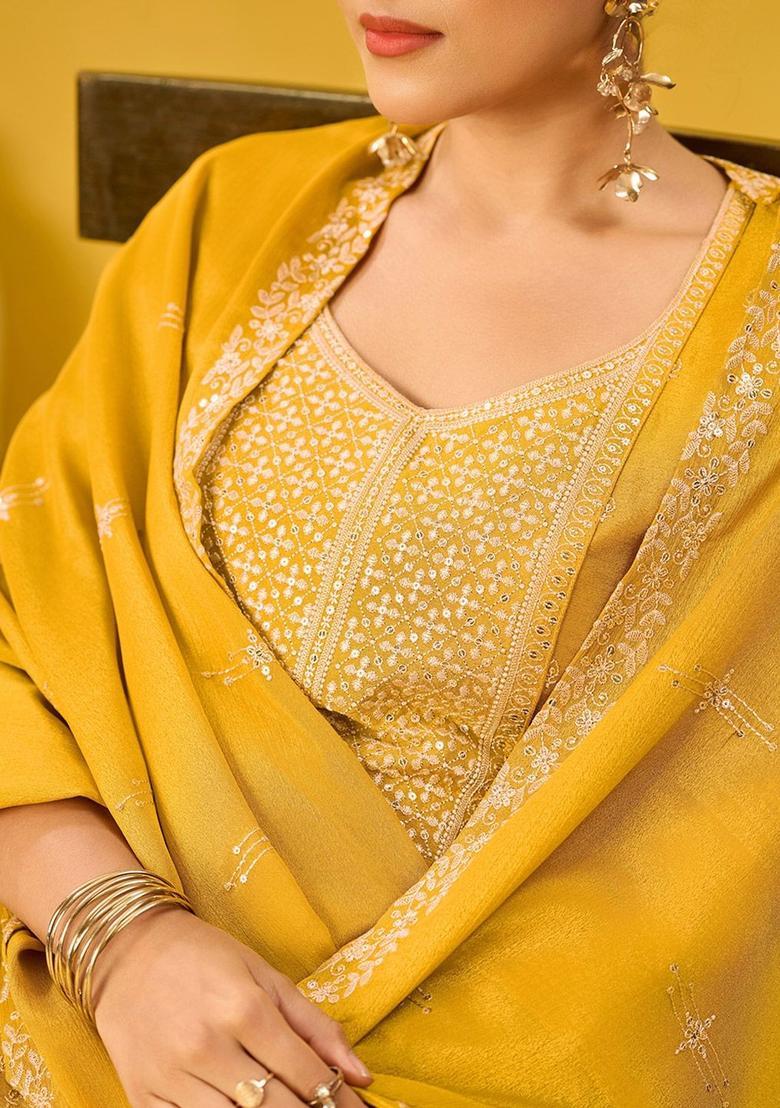 Mustard Embroidered Chiffon Kurta Set - Indya