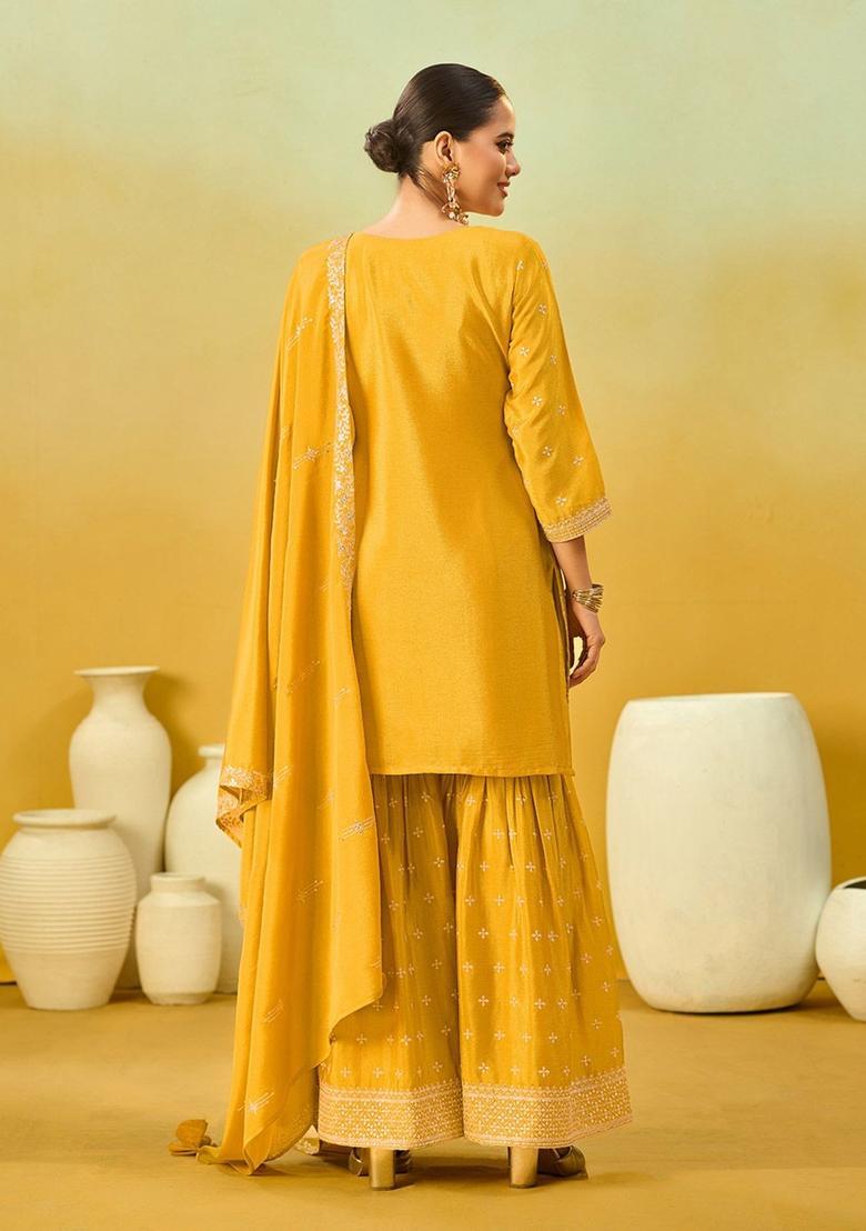 Mustard Embroidered Chiffon Kurta Set - Indya
