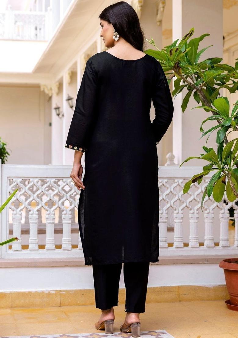 Black Embroidered Viscose Kurta Set - Indya