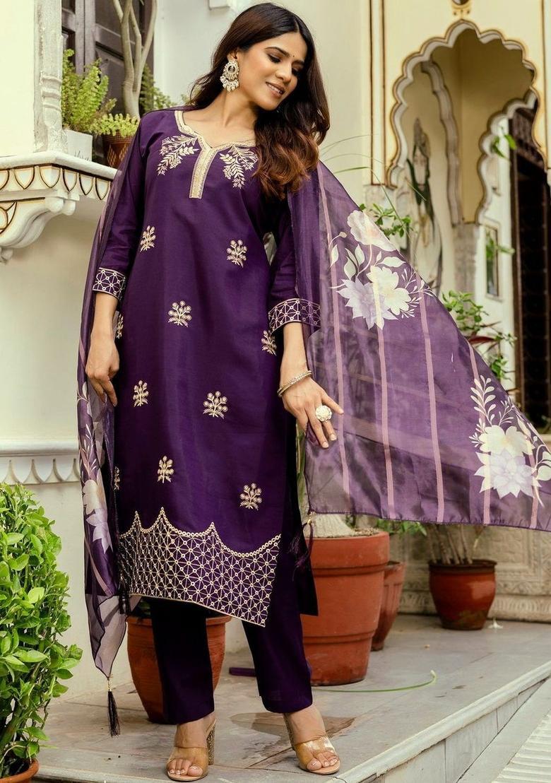 Purple Embroidered Viscose Kurta Set - Indya