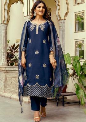 Navy Blue Embroidered Viscose Kurta Set