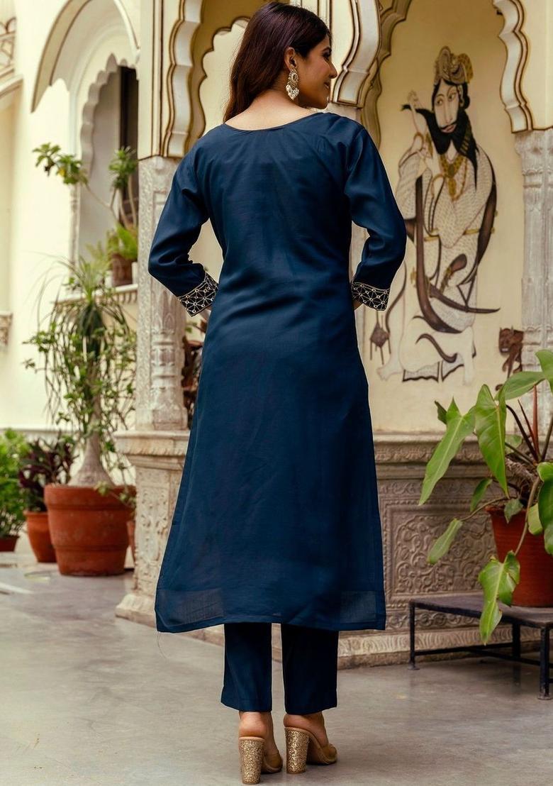 Navy Blue Embroidered Viscose Kurta Set - Indya