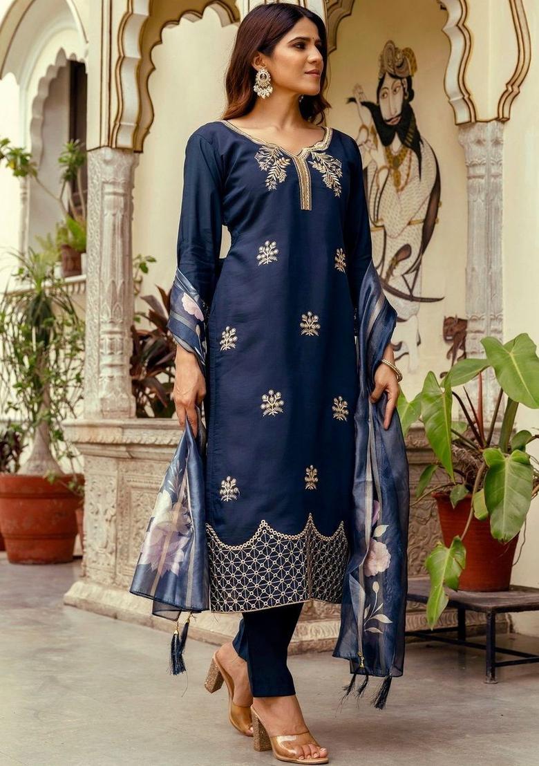 Navy Blue Embroidered Viscose Kurta Set - Indya