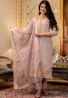 Lavender Embroidered Viscose Kurta Set