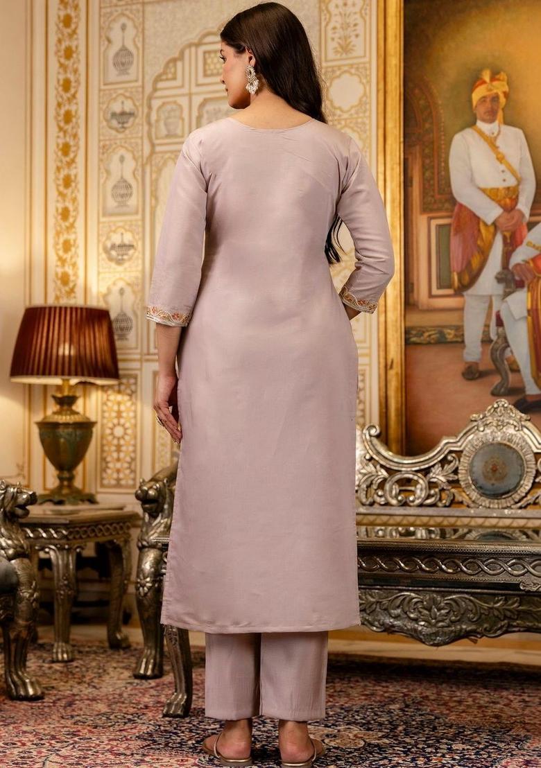 Lavender Embroidered Viscose Kurta Set - Indya
