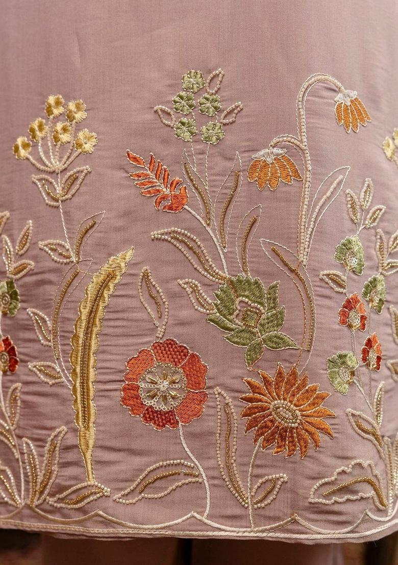 Lavender Embroidered Viscose Kurta Set - Indya