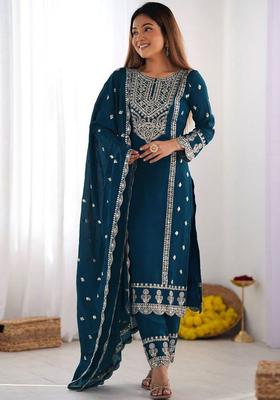 Blue Embroidered Polyester Kurta Set