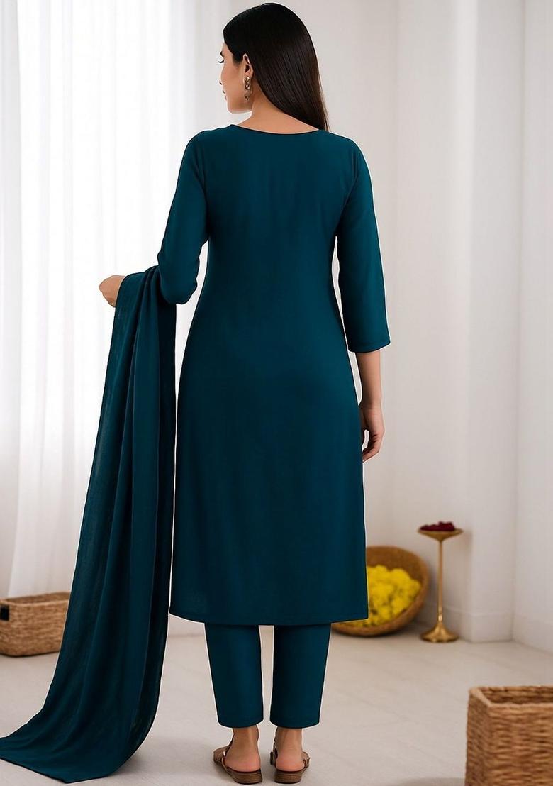 Blue Embroidered Polyester Kurta Set - Indya