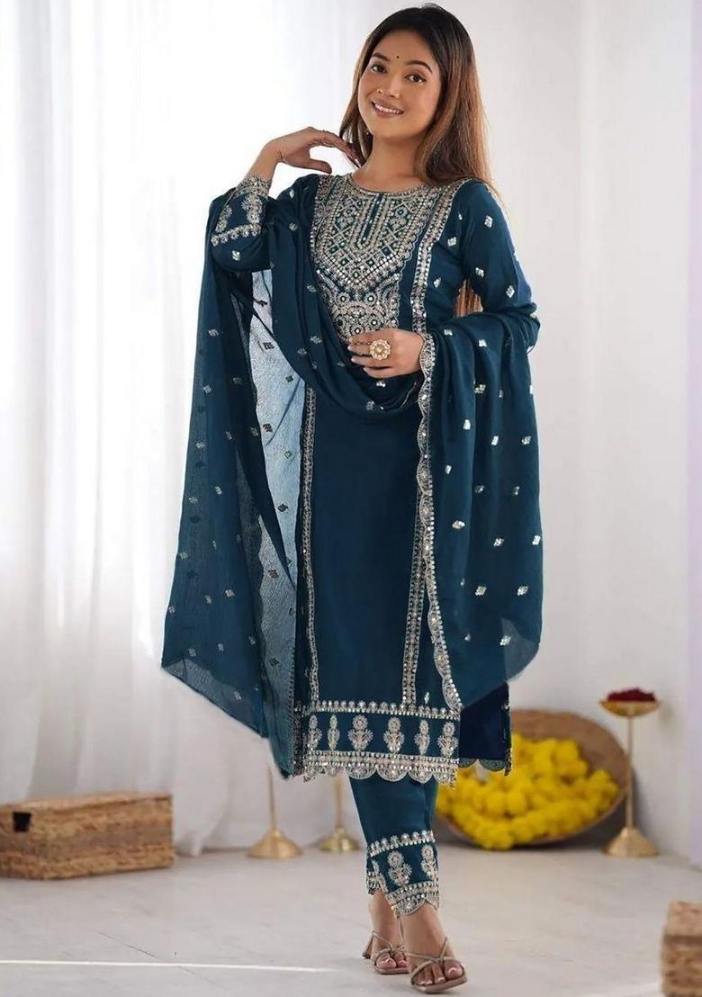 Blue Embroidered Polyester Kurta Set - Indya